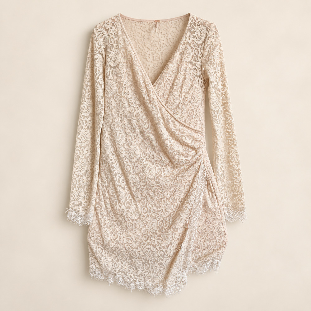 Free People Ivory Lace Wrap Mini Dress Long Sleeve XS